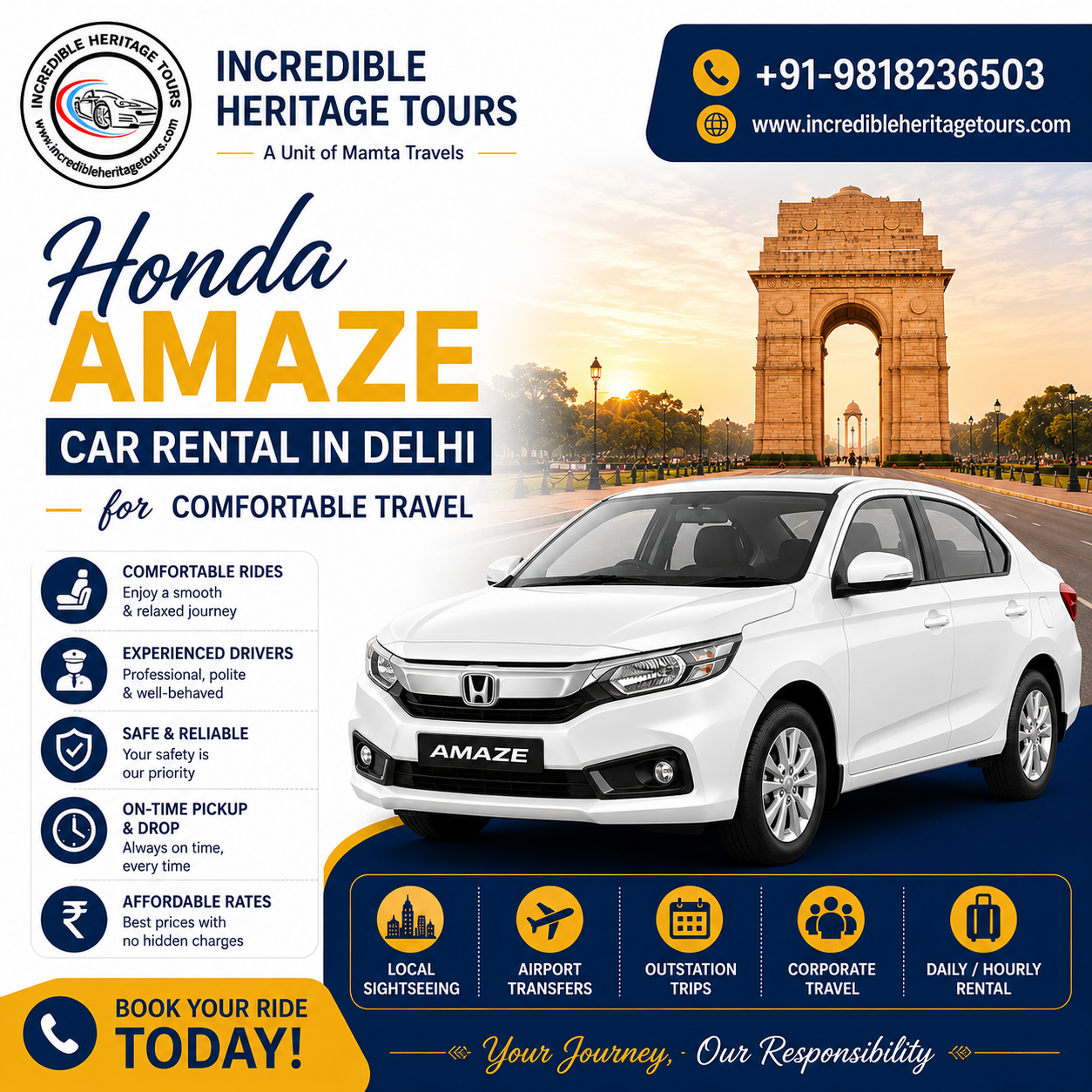 Honda Amaze Car Rental in Delhi for Comfortable Travel