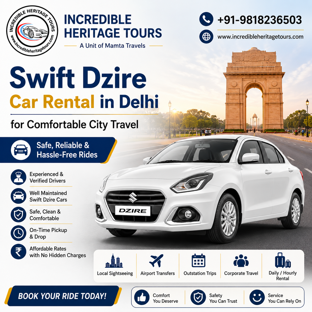 Swift Dzire Car Rental in Delhi for Comfortable City Travel