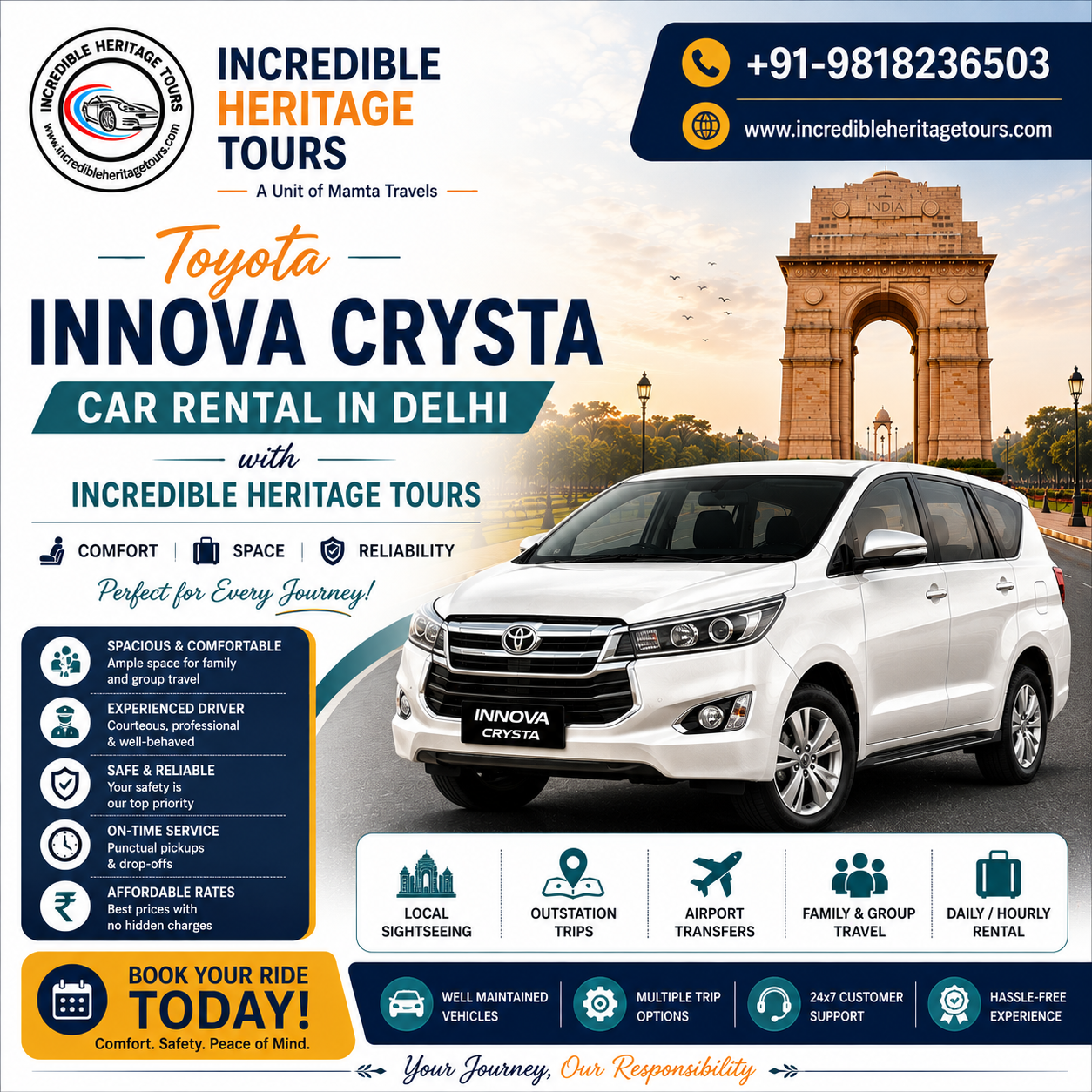 Toyota Innova Crysta Car Rental in Delhi with Incredible Heritage Tours
